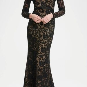Dress the Population Black Lace Long-Sleeve Gown with Nude Underlay